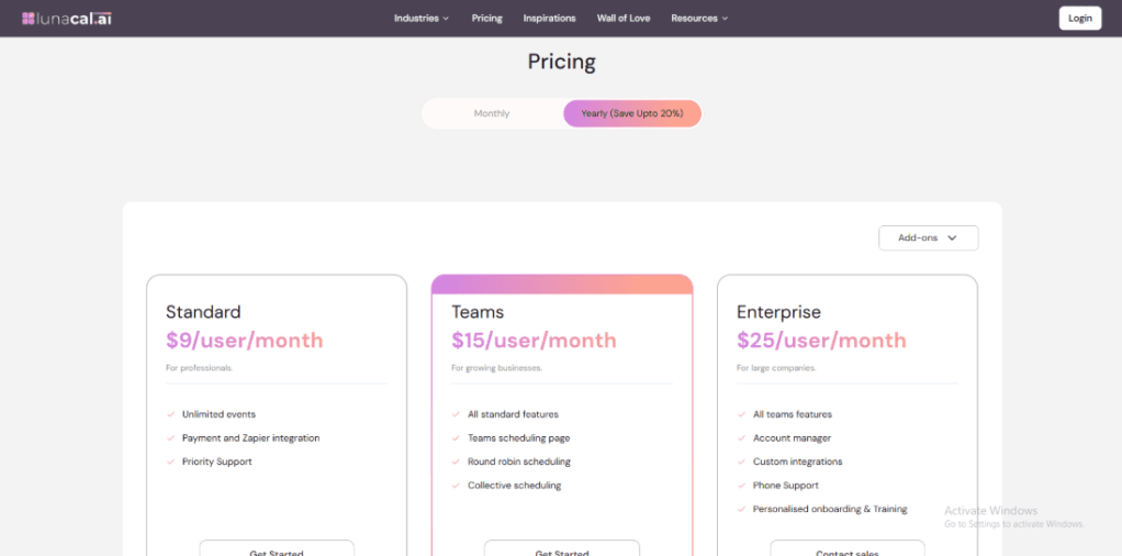 Lunacal Pricing Page